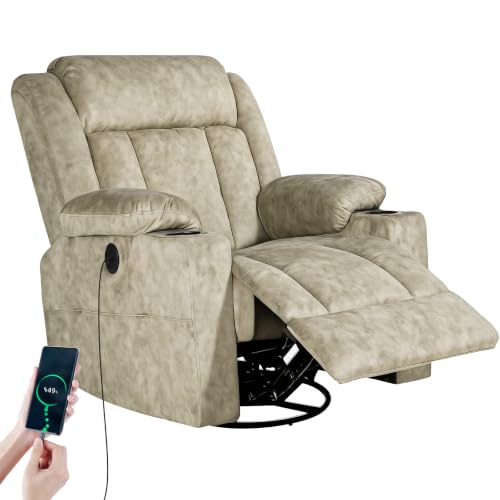 LAFWELL Retro Rocking Recliner Chair, Massage Rocker Recliner Chair with Vibration Massage and Heat, USB and Type-C Ports,360° Swivel Chairs,Living Room, Bedroom, Nursery, RV, Beige