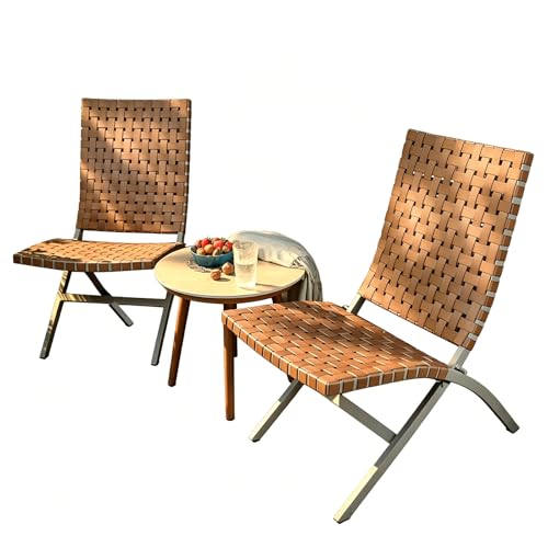Labasuan 3 Piece Leather Texture Wicker Patio Chairs, All Weather Resistant Folding Adirondack Chairs with Side Coffee Table, Outdoor Leisure Seating for Garden, Balcony & Yard(B)