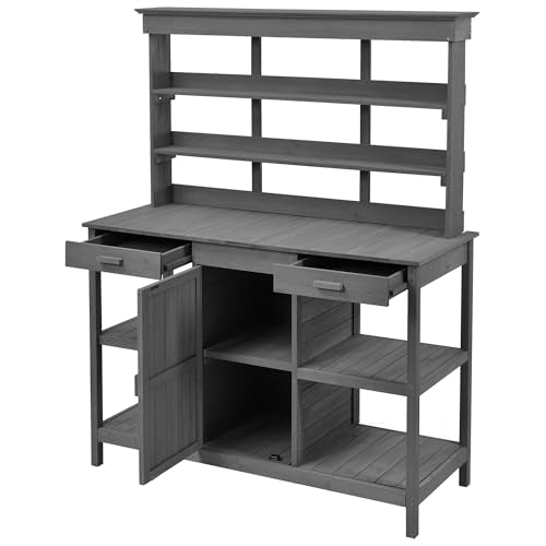66'' Large Farmhouse Outdoor Potting Bench Table, Gardening Table Workstation with 2 Drawers, Potting Benches for Outside with Cabinet and Open/Removable Shelves, Garden Bench (Gray, 66'')