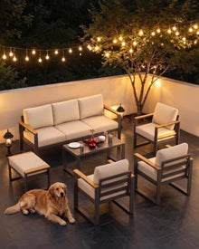 7 Seats Aluminum Outdoor Patio Conversation Sets with Coffee Table, 6 Pieces Metal Conversation Sectional Furniture Sofa for Balcony, Garden, Deck, Backyard,Beige