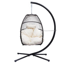 Hanging Rope Swing Seat Patio Wicker Folding Hanging Chair with Cushion and Pillow Rattan Swing Hammock Egg Chair with X Type Base and C Type Bracket for Indoor/Outdoor(Black+Beige)