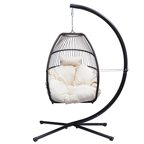 Hanging Rope Swing Seat Patio Wicker Folding Hanging Chair with Cushion and Pillow Rattan Swing Hammock Egg Chair with X Type Base and C Type Bracket for Indoor/Outdoor(Black+Beige)