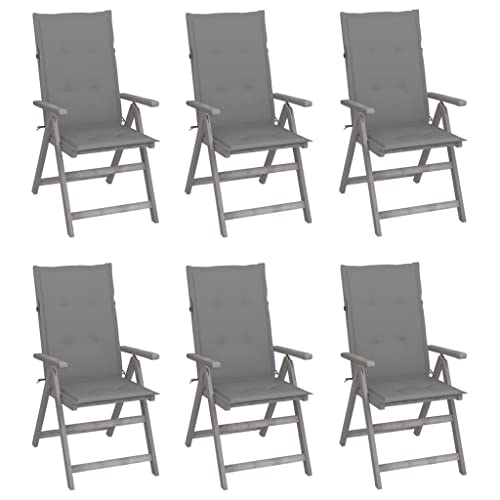 VGLQNRPT 6 Pcs Patio Reclining Chairs Set, Solid Acacia Wood Outdoor Garden Furniture with Grey Cushions, 5 Adjustable Positions, Foldable Backrest Armchair for Backyard Porch