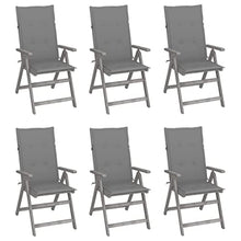 VGLQNRPT 6 Pcs Patio Reclining Chairs Set, Solid Acacia Wood Outdoor Garden Furniture with Grey Cushions, 5 Adjustable Positions, Foldable Backrest Armchair for Backyard Porch