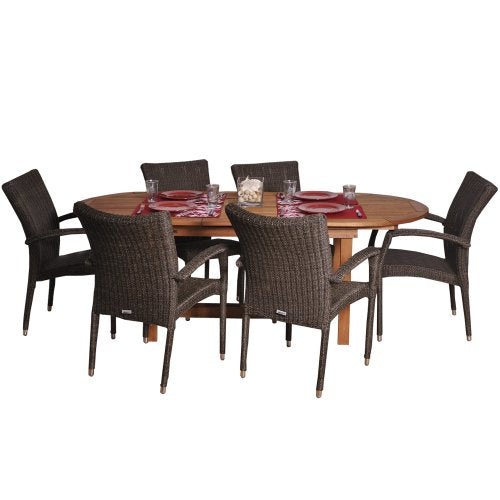 Amazonia Deluxe 7-Piece Patio Extendable Dining Set Eucalyptus Wood and Wicker Chairs Light Brown and Dark Brown