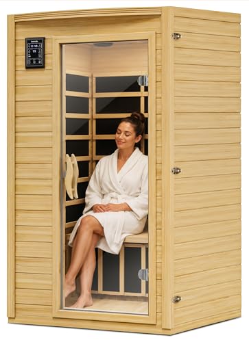 SereneLife 1-2 Person Low EMF FAR Infrared Sauna for Home, Canadian Hemlock Wood, Red Light Therapy, 7-Color Chromotherapy & Bluetooth Speaker, Indoor Dry Heat Sauna up to 149°F