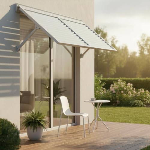Shade-Providing Metal Window Awning with Continuous Hinge for Home Exteriors, Adjustable Louver Shutter with Integrated Flashing for Patio Doors, Powder-Coated Frame Shelter with Mounting Hardware