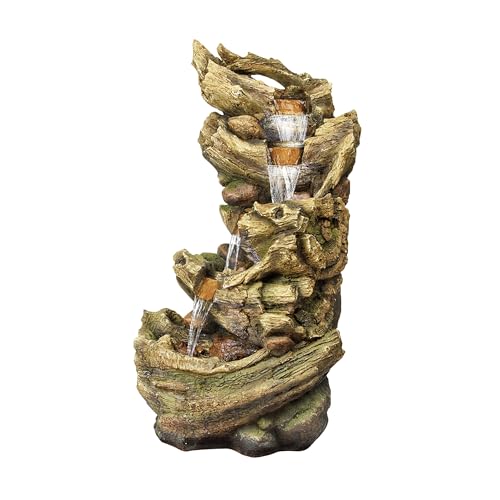 Alpine Corporation TZL132 Outdoor Floor 5-Tier Log Fountain with LED Lights, Cascading Tree Trunk Fountain 47", Brown