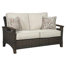 Pemberly Row Set of 2 Patio Round Fire Pit Table and Loveseat in Medium Brown