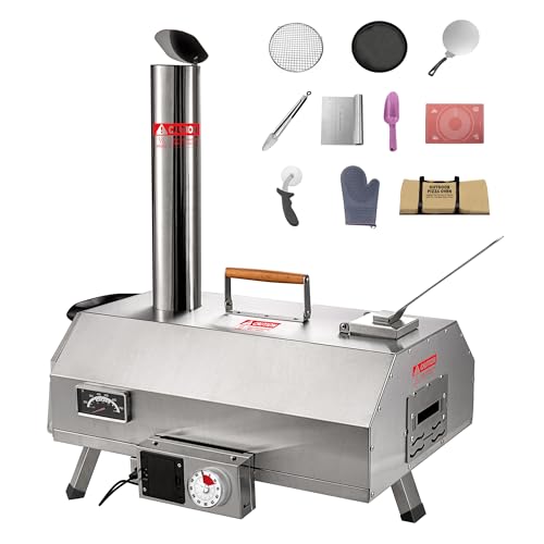 BAYUELSWU Pizza Oven Outdoor Stainless Steel 12" Portable Wood Fired Pizza with Timer, Built-in Thermometer, Pizza Cutter & Carry Bag for Outside Backyard Camping,Automatic Rotating Turntable (Silver)
