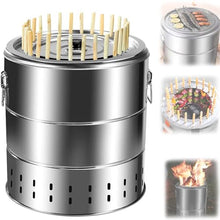 Portable Smokeless Barbecue Charcoal Barrel Grill Stainless Steel Surround Charcoal Kebab Grill with 28 Skewers and BBQ Grill Grate Outdoor Indoor Camping Smokeless