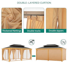 Euker 12x20 FT Outdoor Hardtop Gazebo Heavy-Duty Galvanized Steel Double Roof with Netting and Sunshade Curtains Wood Grain