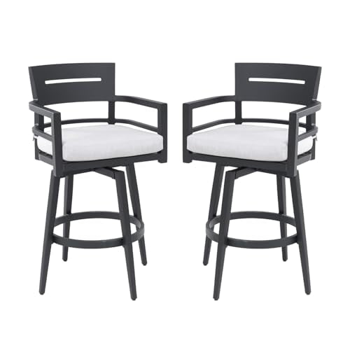 Modern Outdoor 2-Piece Swivel Bar Chairs – Aluminum Frame with Ember Black, 360° Swivel, Ergonomic Backrest & Armrests, Tapered Legs, Cushion, Weather-Resistant & Durable Patio Bar Stool
