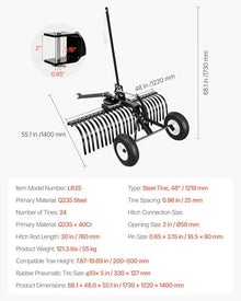 VEVOR 48in Tow Behind Landscape Rake, Pull Behind Lawn Rock Rakes for ATV Mower Tractors, 24 Durable Steel Tines, Adjustable Height & Angle, Heavy Duty Dethatcher Rake for Leaves Debris