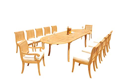 TeakStation 12 Seater Grade-A Teak Wood 13 Pc Dining Set: 118" Double Extension Oval Table and 12 Giva Chairs (2 Arm & 10 Armless Chairs) #31GV2613