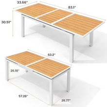 VredHom Outdoor Dining Table, 63"-83" Patio Extendable Dining Table with Brown Wooden-Like Top and White Aluminum Frame, Rectangular Table Outdoor Furniture