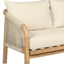 Armen Living Cypress Outdoor Patio Sofa in Blonde Eucalyptus Wood and Light Gray Rope with Ivory Olefin Cushions