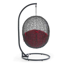 Modway Hide Wicker Rattan Outdoor Patio Porch Lounge Egg Swing Chair Set with Stand in Gray Red