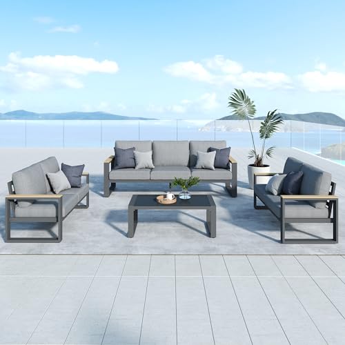 RoyalCraft Aluminum Outdoor Patio Furniture Set with Height-Adjustable Footrest, 7-Seats, Coffee Table, Modern Conversation Set Grey