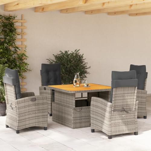 Molumvel 5 Piece Patio Dining Set with Reclining Chairs and Adjustable Lift-Top Table, Gray Poly Rattan Garden Furniture with Cushions