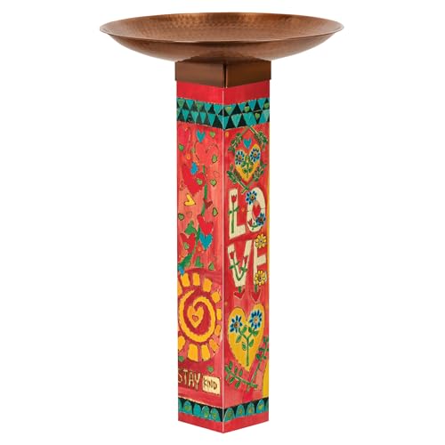 Studio M Painted Peace Love Folk Art Bird Bath Art Pole – Copper Hand-Hammered Topper for Outdoor Yard Décor – 31 x 18 Inch Decorative Birdbath Stake – Inspirational Garden Accent