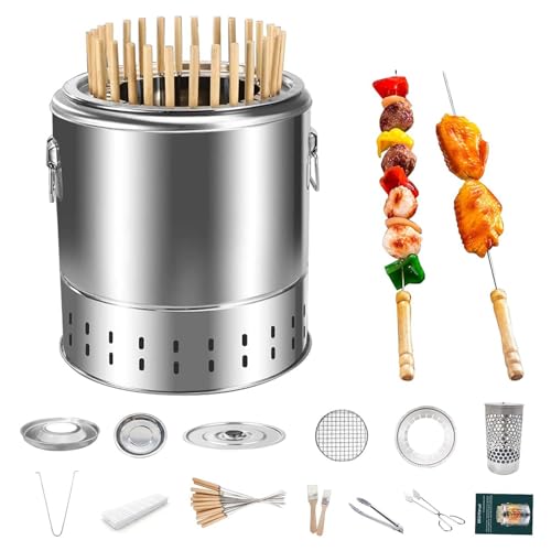 Smokeless Charcoal Smoker Barrel Grill Vertical Barbeque Hanging Stove Stainless Steel Split Oven with Kabob Skewers 360° All Round Roasting Barbecue Grill for Camping