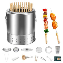 Smokeless Charcoal Smoker Barrel Grill Vertical Barbeque Hanging Stove Stainless Steel Split Oven with Kabob Skewers 360° All Round Roasting Barbecue Grill for Camping