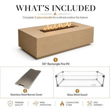 Golden Flame 55" Rectangle Beton Concrete GFRC Gas Fire Pit Bundle with Stainless Steel Burner Cover & Glass Wind Guard, 65,000 BTU Outdoor Fire Table, Push Button Ignition, Lava Rock Included - Sand