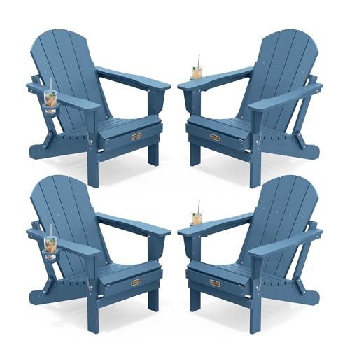 SERWALL Folding Adirondack Chair Set of 4 with Cup Holder for Fire Pit-Blue