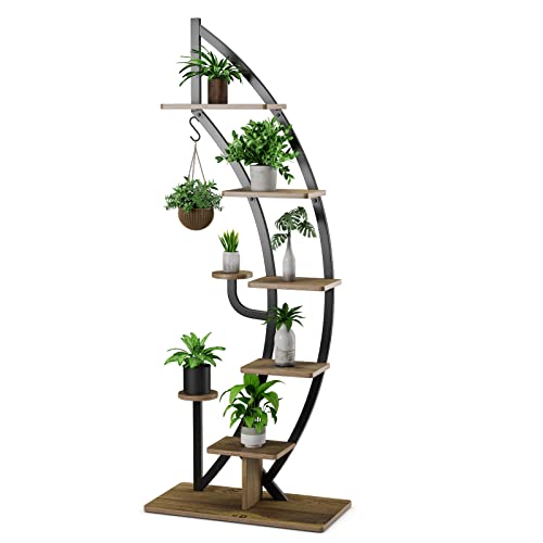 OJKJGYTF Plant Stand 6 Tier Flower Stand, Half Moon Metal Plant Stand with Shelves & Hooks, Plant Shelf, Flower Shelf, Flower Stairs, Plant Stairs for Living Room, Bedroom, Balcon