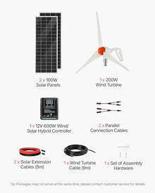 VEVOR 12V 400W Solar Wind Power Kit, 2PCS 100W Monocrystalline Solar Panels + 200W Wind Turbine + MPPT Wind/Solar Hybrid System Controller for Home RV Boat Camping Off-Grid Applications