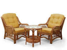 Wickerix Malibu Living Set of 2 Chairs Natural Rattan Wicker Handmade with Light Brown Cushions and Round Coffee Table w/Glass, Colonial