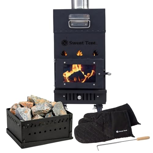 SweatTent High-Output Wood Burning Sauna Stove Kit – Includes Rock Basket, Heat-Resistant Gloves & Fire Poker – Portable Stainless Steel Heater for Outdoor Tents – Fast Heating & Professional-Grade