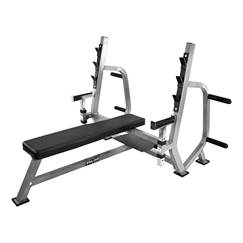 Valor Fitness Olympic Weight Bench Press Station Spotter Arms Adjustable Safety Catch Plate Storage Pegs Power Lifting Home Gym Workout Equipment BF-49 Metallic Grey and Black
