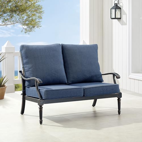 Oakland Living Black Aluminum Patio Deep Seating Outdoor Two Seater Loveseat with Blue Cushions