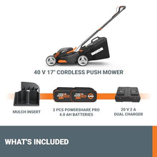 WORX Cordless Lawn Mower, 40V 17" 2-in-1 Grass Mower for 1/8 Acre, WG743