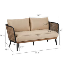 Christopher Knight Home Tobin Patio Loveseat, Outdoor 2-Seater Lounge Sofa, Woven Wicker Faux Rattan Accents, Iron Frame, Removable Water-Resistant Cushions, Porch/Backyard/Balcony, Beige+Black+Brown