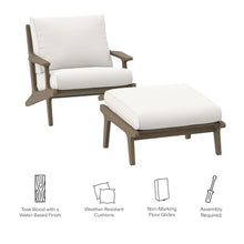 Modway Saratoga Teak Wood Outdoor Chair with Ottoman in Weathered Gray White - Patio Armchair and Footstool with Weather-Resistant Removable Cushions