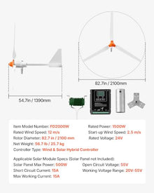 VEVOR 1500W 24V Wind Turbine Generator, 3-Blade Wind Turbine Kit with Wind/Solar Hybrid Controller, Efficient 3-Phase AC Permanent Wind Power Generator for RV Boat Home Farm (Tower Pole Not Included)