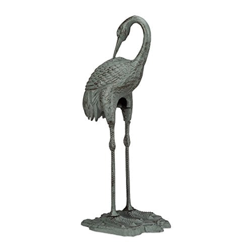Relaxdays Decorative Crane Figurine, Weatherproof, Frost-Resistant, Cast Iron, Indoor and Outdoor, Garden Decoration, H x W x D: 72 x 32 x 22 cm, Green