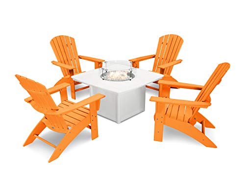 POLYWOOD Nautical 5-Piece Curveback Adirondack Chair Conversation Set with Fire Pit Table