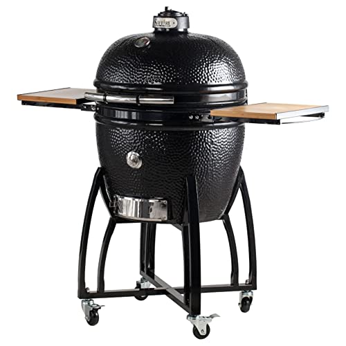 Saffire Kamado XL Ceramic Grill and Smoker – Includes Cart, Crucible Firebox, Smokin’ Chip Feeder, Multi-Grids, Heat Deflector, Ash Tool, and Stainless Steel Components for Charcoal Cooking