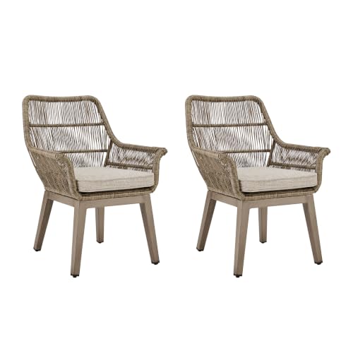 Signature Design by Ashley Beach Front Casual Outdoor Arm Chair with All-Weather Cushion, Set of 2, Resin Wicker with Aluminum Frame, 18.5" Seat Height, Beige