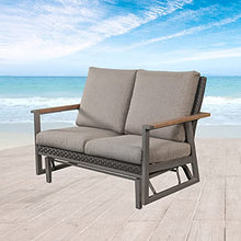 LOKATSE HOME Patio Glider Loveseat Steel Frame 2-Person Bench with Rattan Backrest Grey Cushion