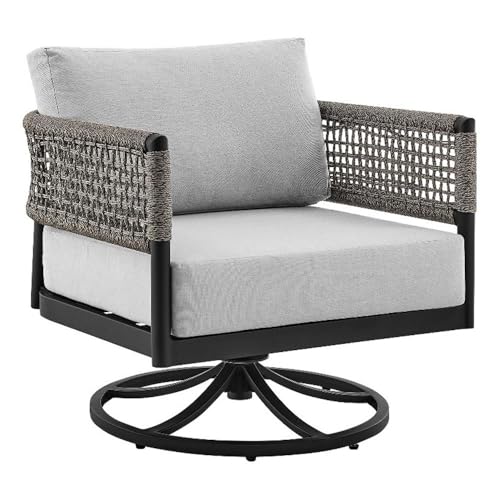 Afuera Living Modern Aluminum Outdoor Swivel Rocking Chair, Black Finish with Gray Rope Arms and Cushions, Weather Resistant, 25" H x 30" W x 31" D, Patio or Porch Lounge Chair with 360-Degree Swivel