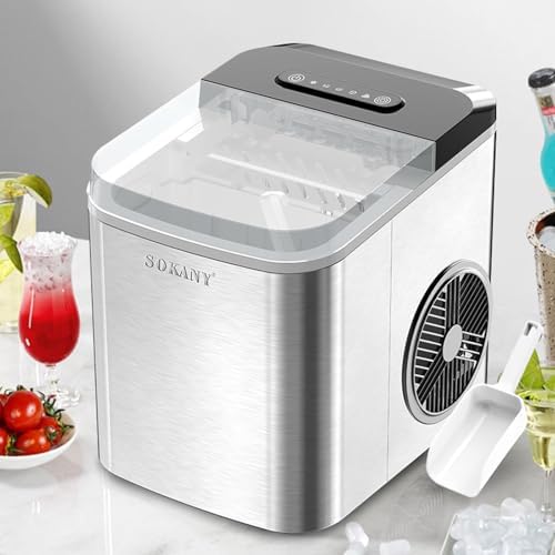 220V Portable Ice Maker,Ice Ready in 6 Mins,Self-Cleaning Ice Machine for Kitchen, Party, bar Stainless Steel