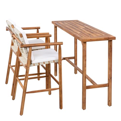 WZONICE98 3-Piece Outdoor Bar Set Acacia Wood Patio Bar Table and 2 Stools with Cushions High Top Outdoor Furniture for Backyard Poolside 400 lbs Capacity Stools Beige