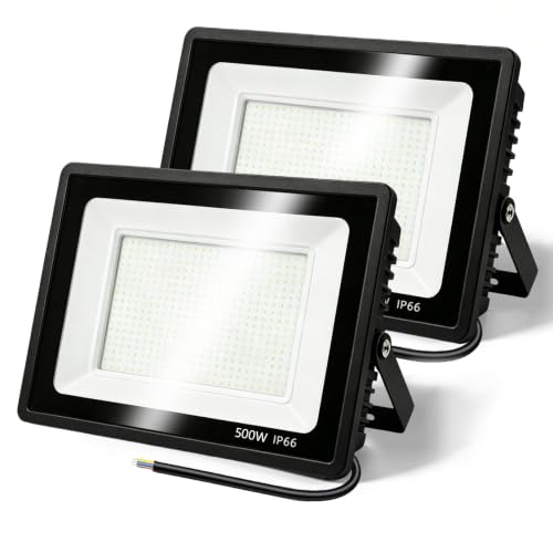 Hiiaodecor 2Pack 500W Flood Lights Outdoor 50000LM Bright LED Work Light Daylight White LED Flood Lighting IP66 Waterproof for Playground Yard Garage Stadium(Warm White 3000K)