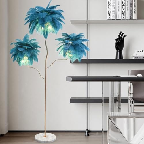 Dalumian Natural Feather Floor Lamp, Modern LED Dimmable Real Feather Standing Lamp, for Living Room Floor Lamp Bedroom and Office, G4 Bulbs, 39.37"*19.69"*70.87 "(Blue)