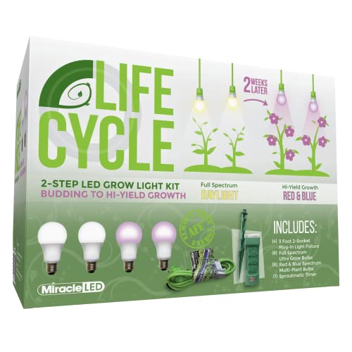 Miracle LED Plant Life Cycle 2-Socket Synchronized Grow Light Kit with 2 Full Spectrum Ultra Grow Bulbs and 2 Red & Blue Spectrum Multi-Plant Bulbs with Sproutmatic All-Weather Timer Controls (4-Pack)